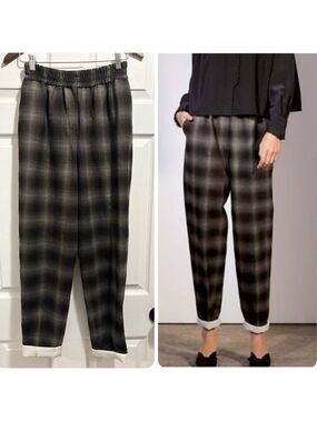 Aritzia Le Fou Wilfred Anise Pants High Rise Pull On Plaid Black Grey Cuffs XS